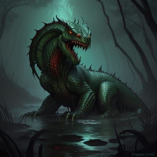 Monstrous Hydra Emerges From Swamp in Epic Fantasy Art