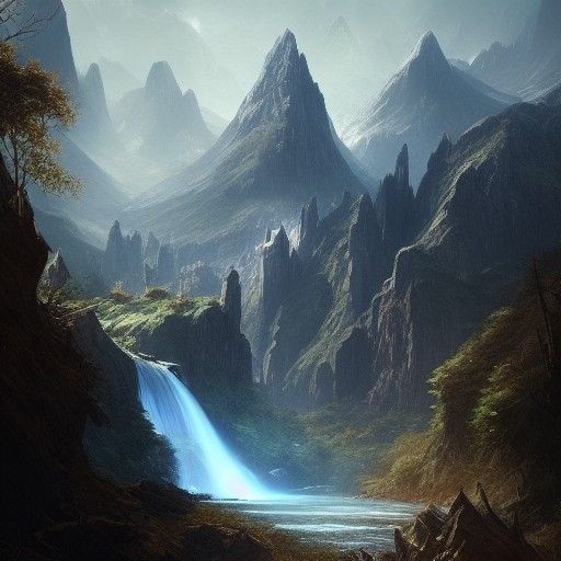 Epic Waterfall and Mountains in Dark Fantasy Style