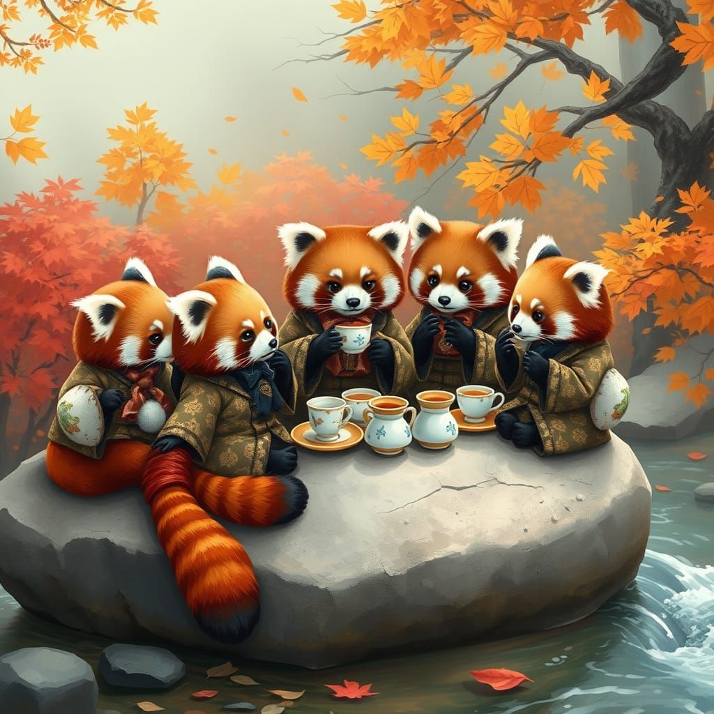 Red Pandas Enjoy Tea Party in Autumn Kimonos