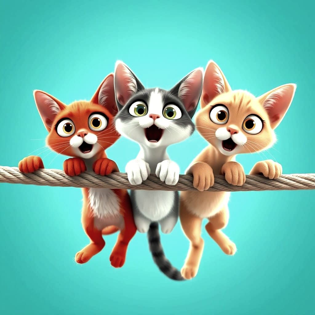 Comical Three Cats in a Delightful Pixar-Inspired Scene