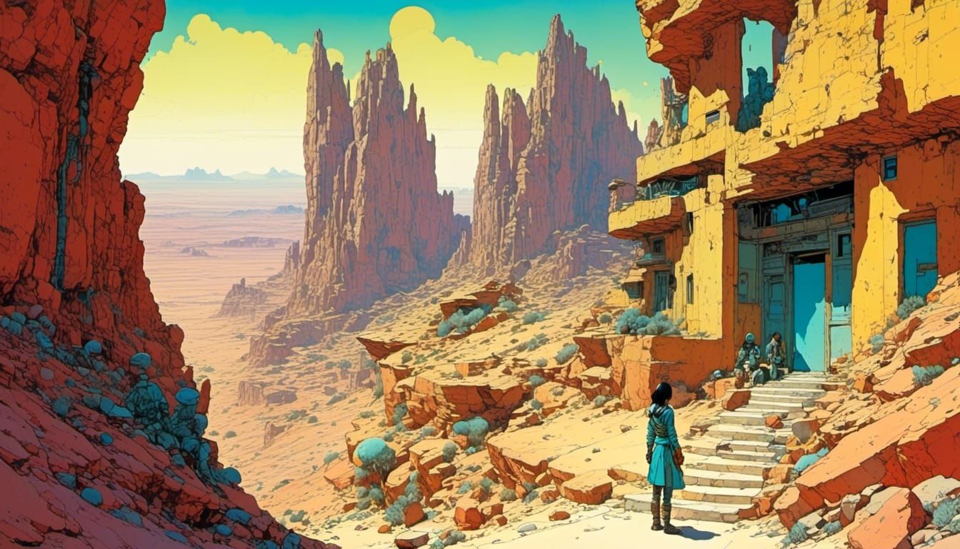 Filipina Girl on Veranda in Desert, Moebius Style
