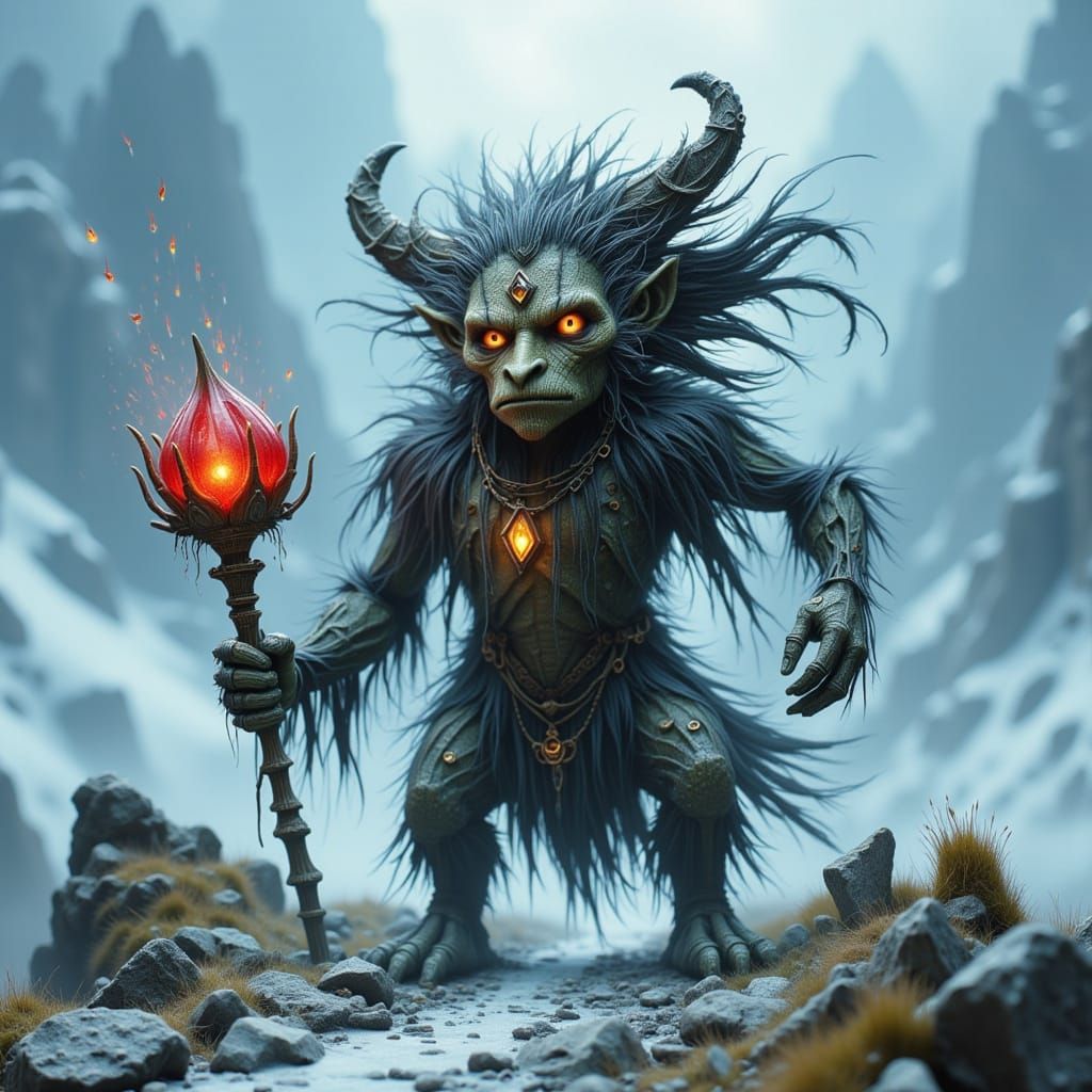 Majestic Stone Troll Emerges from Snowy Mountains