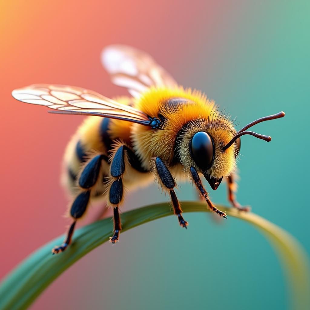 Hyperrealistic Bee on Grass, Detailed 3D Rendering