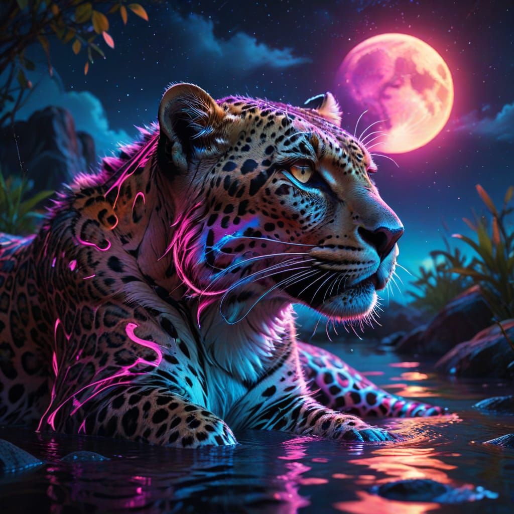 Majestic Neon Leopard Drinks Under Bright Moon - Vibrant Dig...