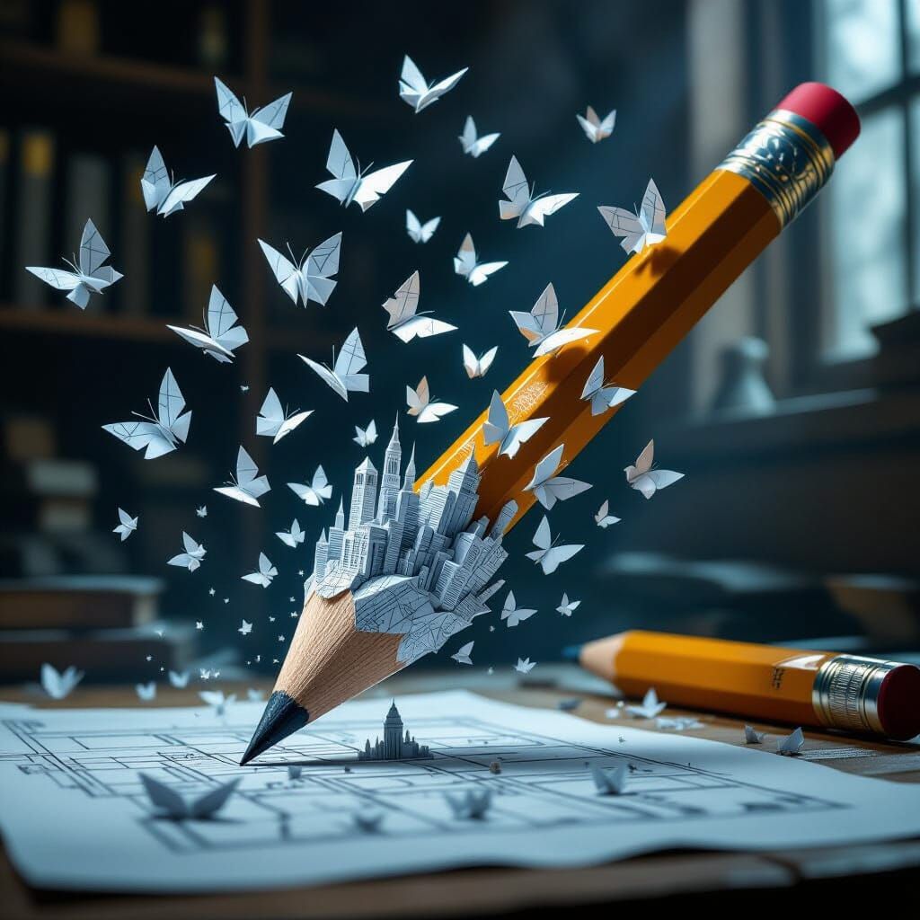 Origami Butterflies Fly From Pencil With Cityscape Inside
