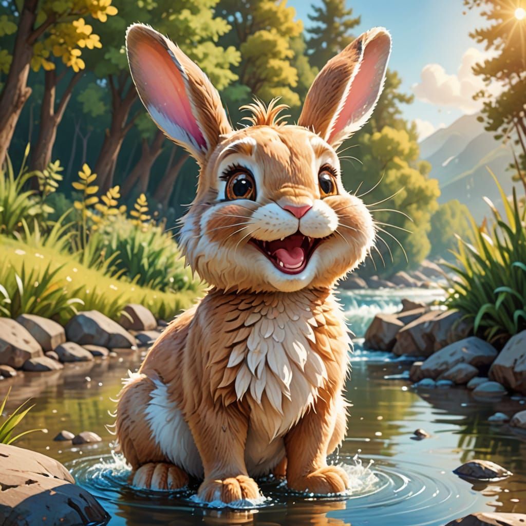 Cute Bunny Laughing in Watercolor Style