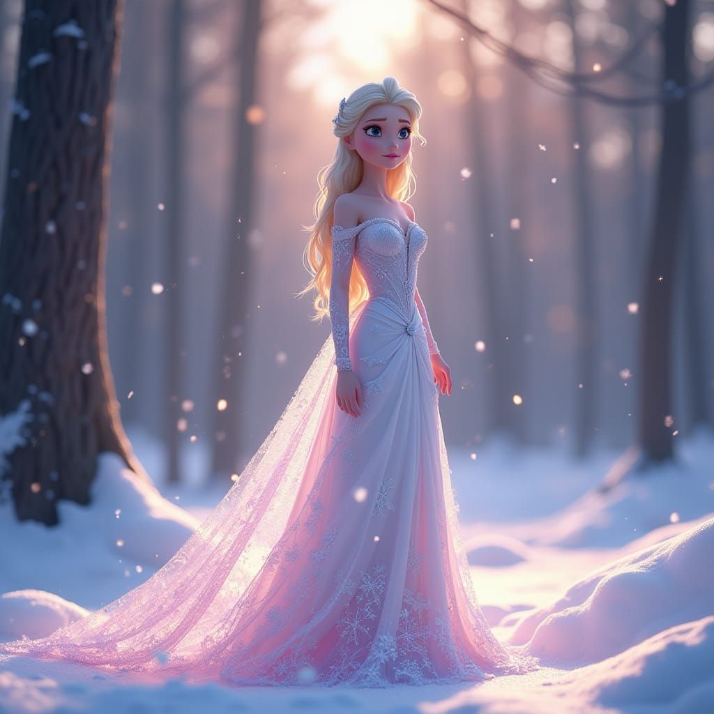 Frozen Elsa in Whimsical Snow Forest, 3D Disney Animation St...