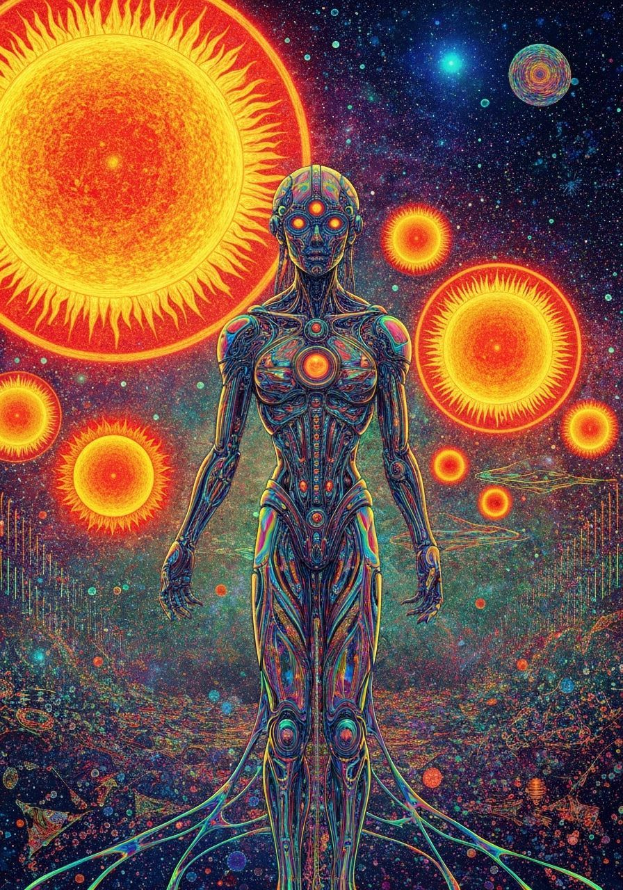 Cosmic Cyborg in Holographic Astral Scene