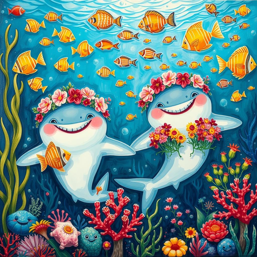 Scary but Cute Basking Sharks Surrounded by Underwater Plants and Fish