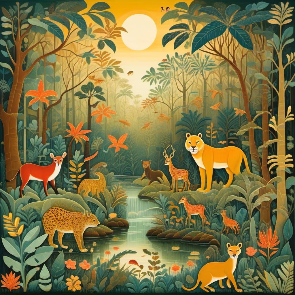 Rousseau-Inspired Naive Painting of Exotic Forest Animals