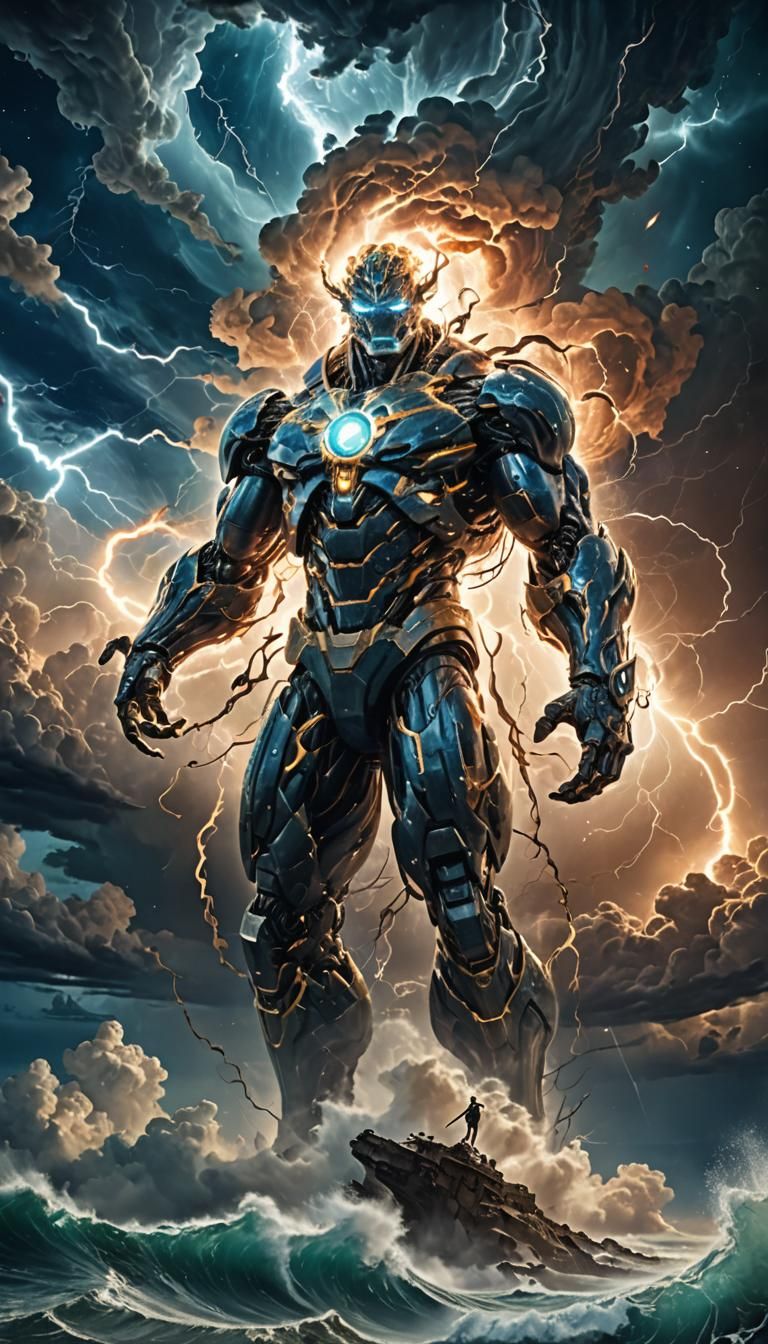 A colossal, stormy figure with a human-like shape looms over...