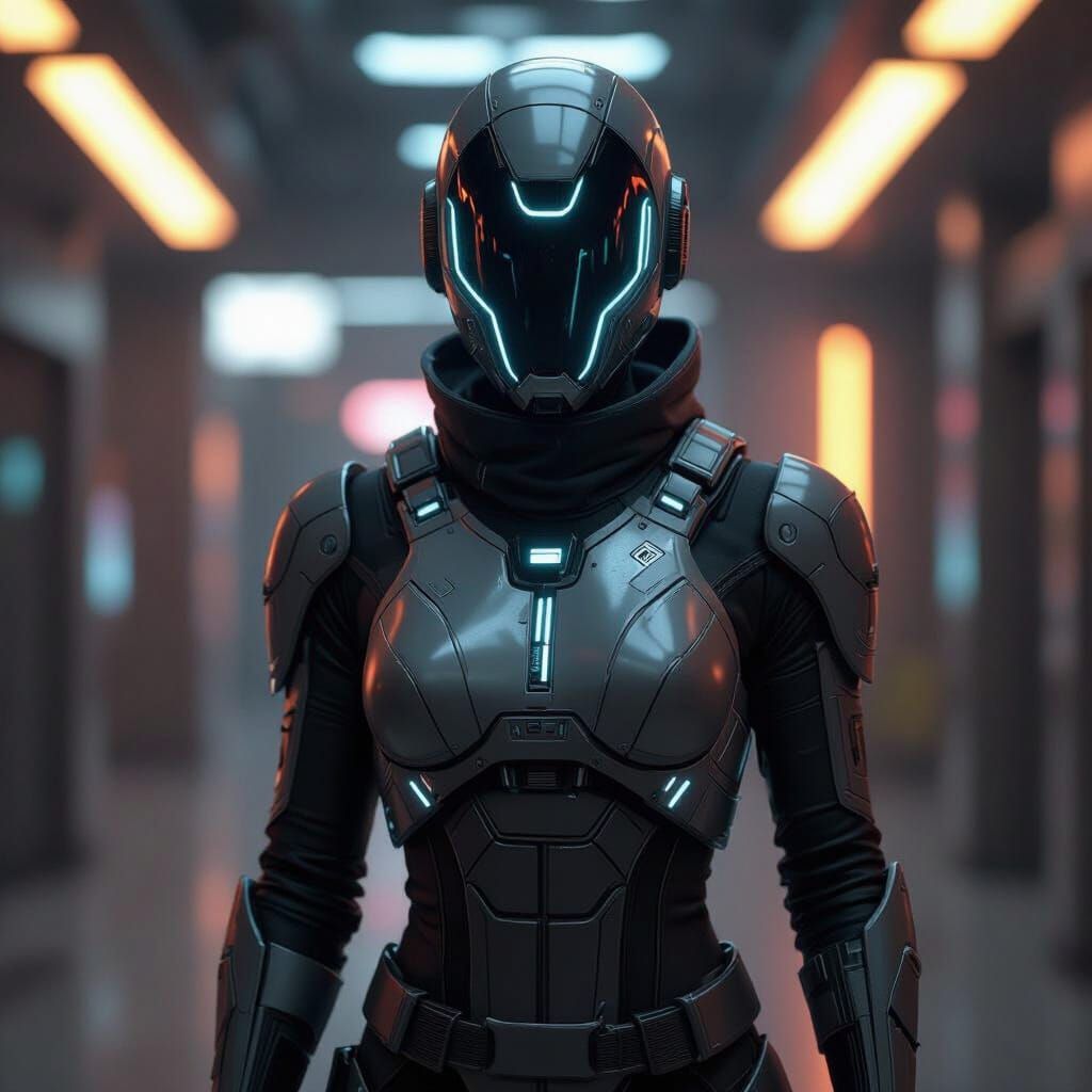 Futuristic Cybernetic Humanoid in Neon Armor