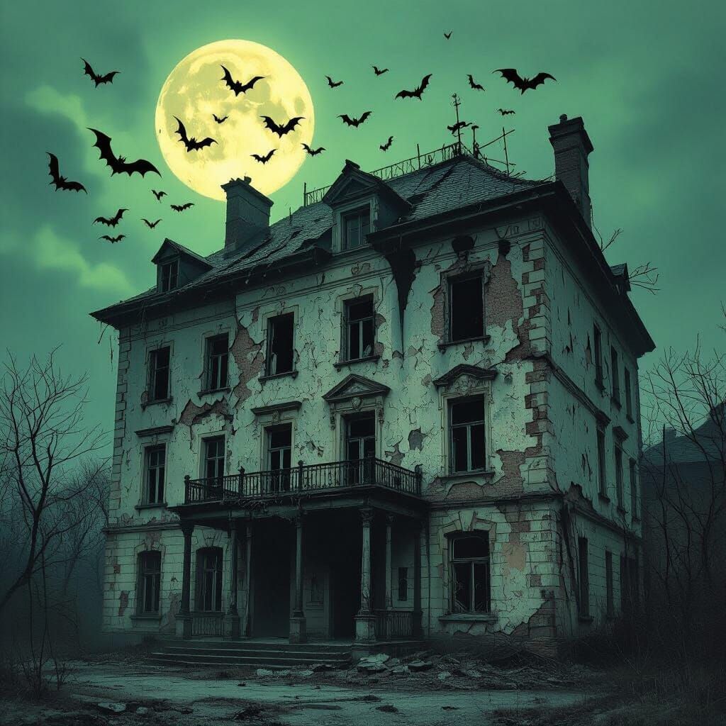 Haunted Hotel at Midnight with Bats