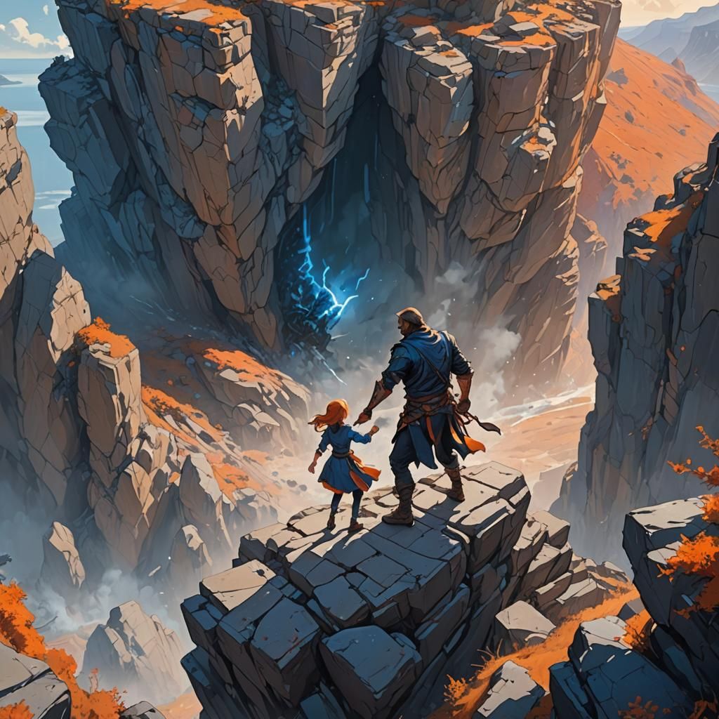 Father and Daughter Duel on Cliff in Fantasy Art