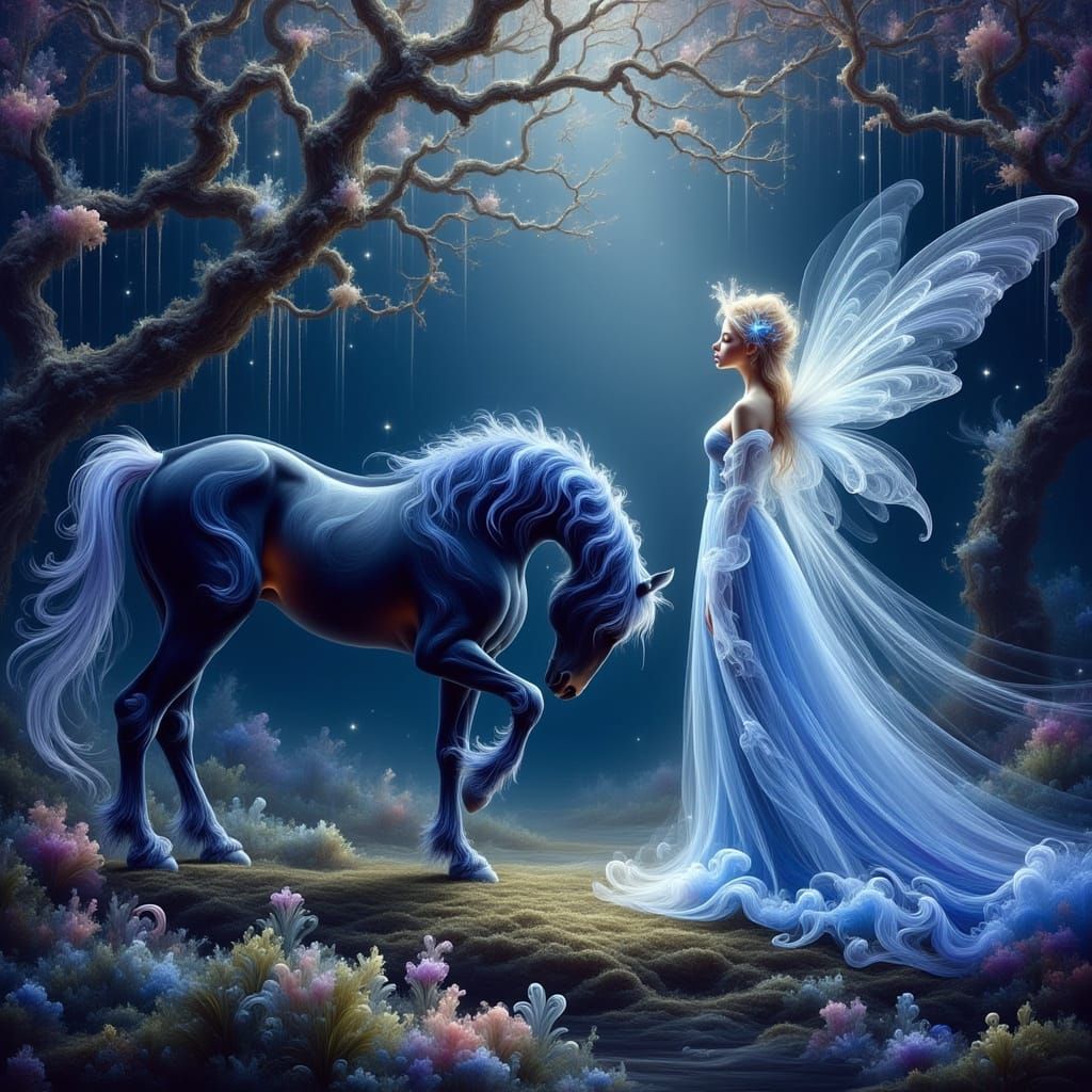 Horse Bowing Before Fairy Queen in Mystical Forest