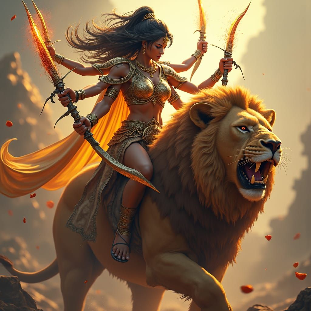 Warrior Goddess Shivani on Lion, Fantasy Concept Art