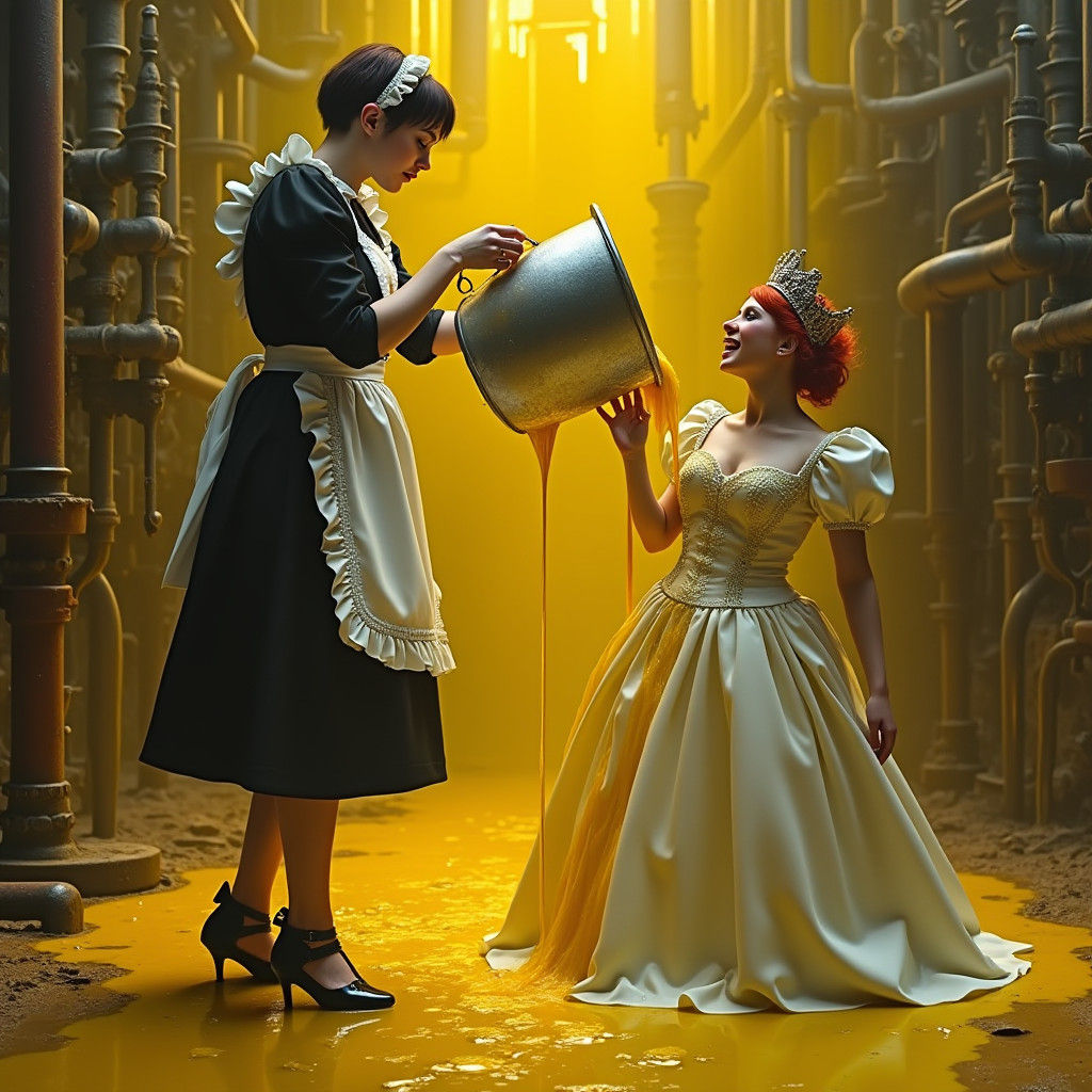 Maid Pouring Slime on Princess: Digital Art