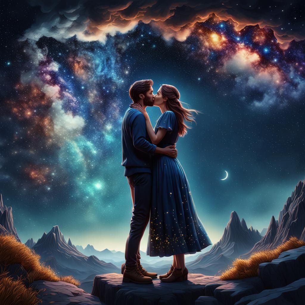 Romantic Kiss Under a Starry Night Sky