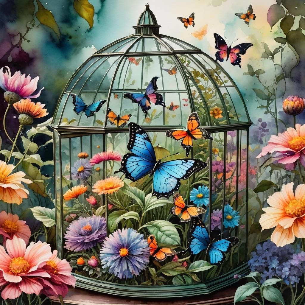 Victorian Greenhouse with Colorful Flowers and Butterflies