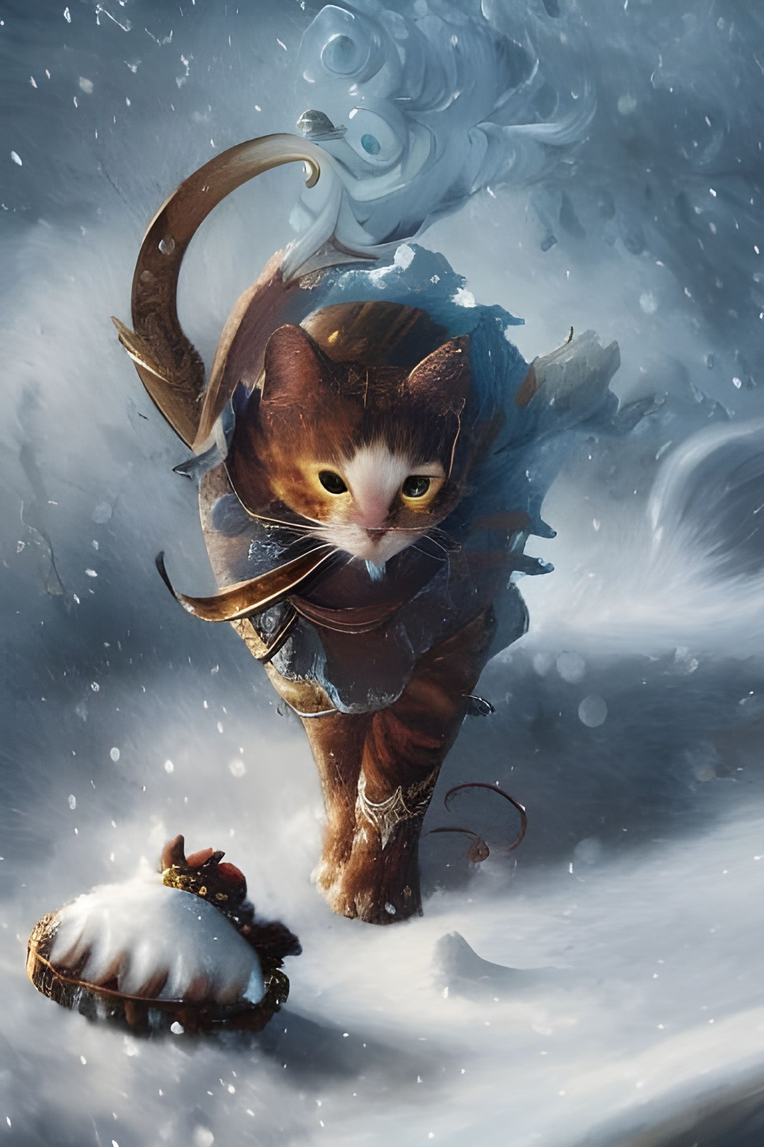 Cat Knight in Swirling Snow, Fantasy Art