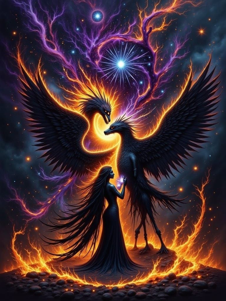 Entwined Spirits in Fiery Dark Fantasy Art