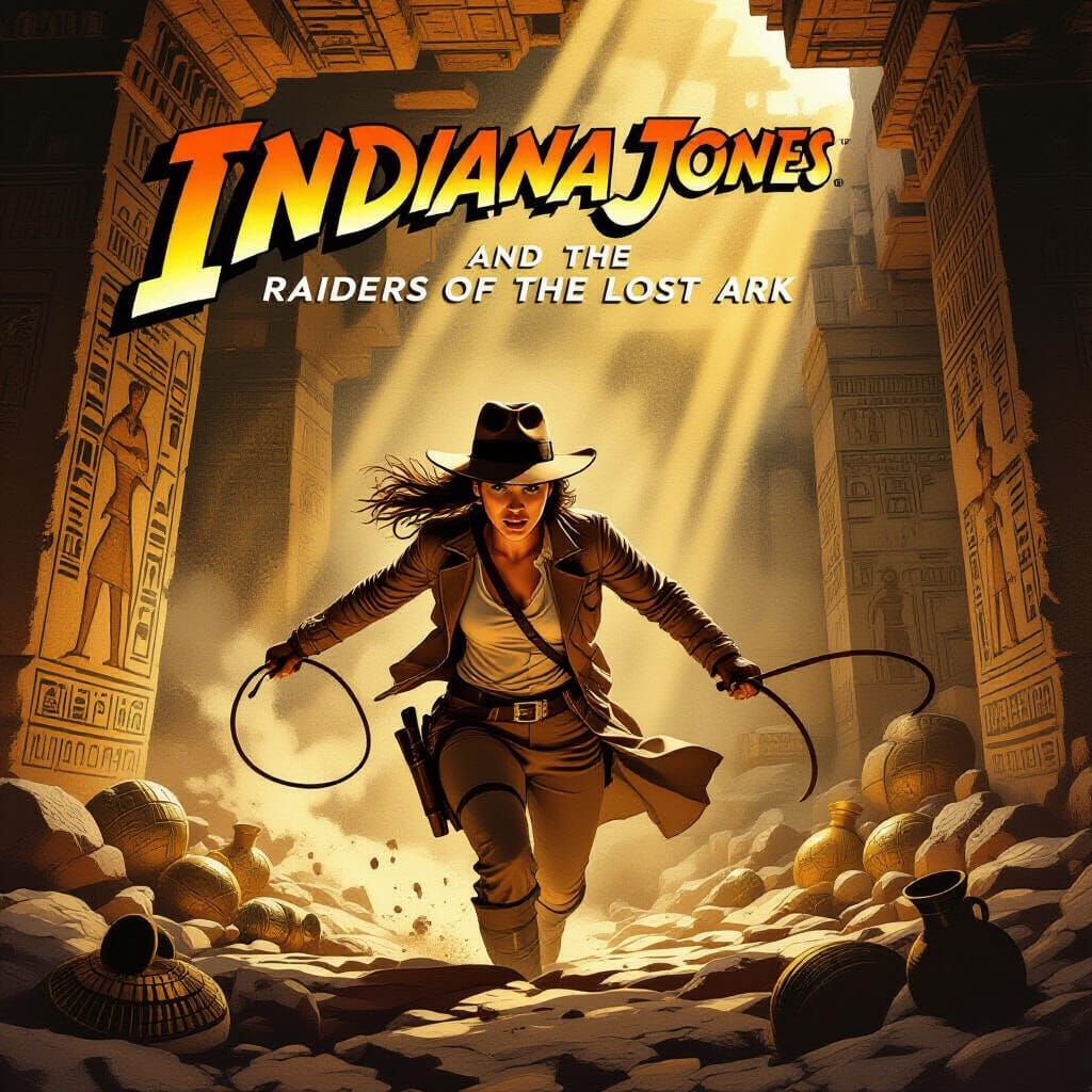 Female Adventurer Escapes Collapsing Temple in Sepia Tone