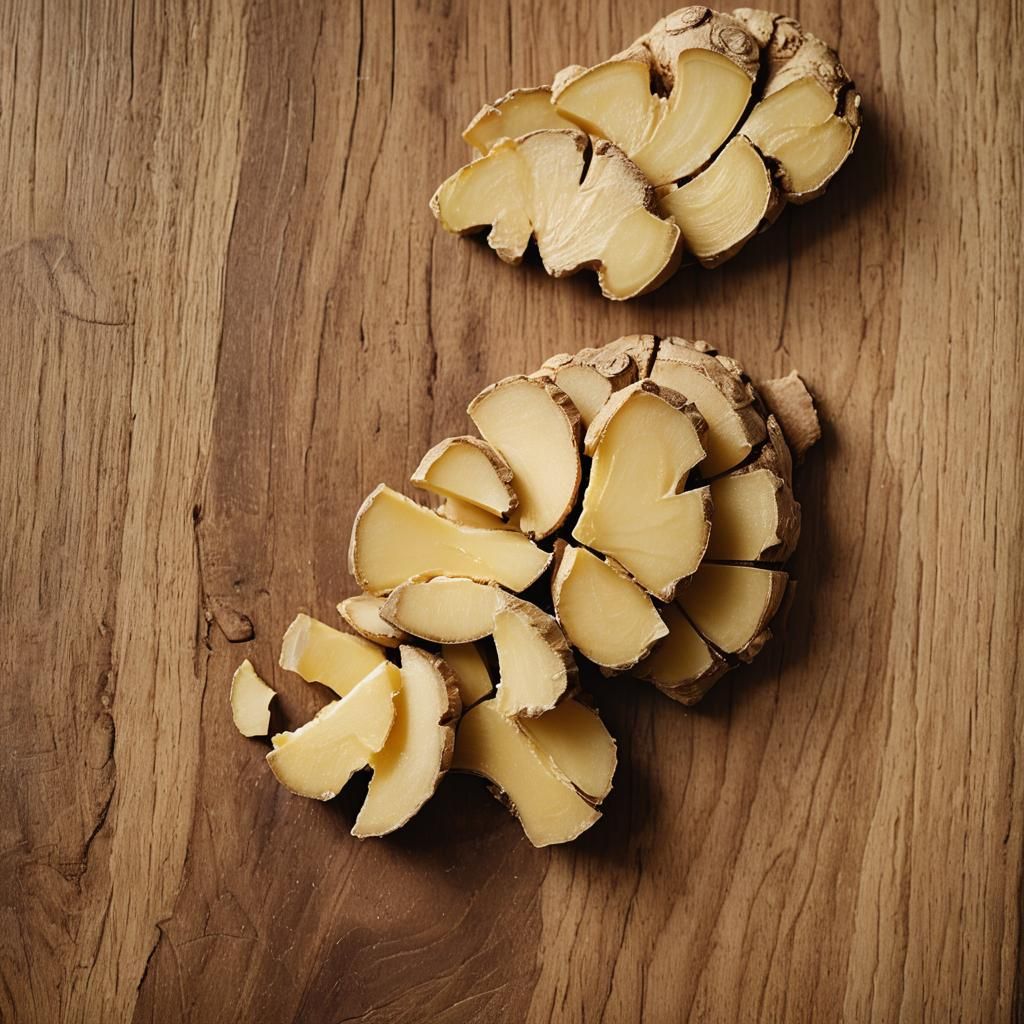 "An image of ginger root, sliced and whole, with a warm and inviting appearance, set on a wooden cutting board. The ging...