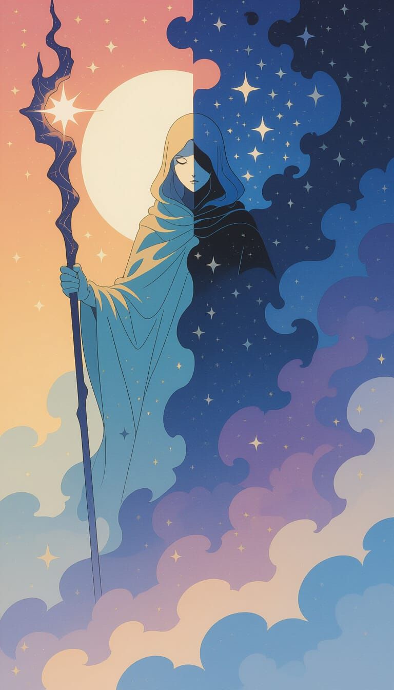 Cosmic Nomad in Twilight Mist with Staff of Memory