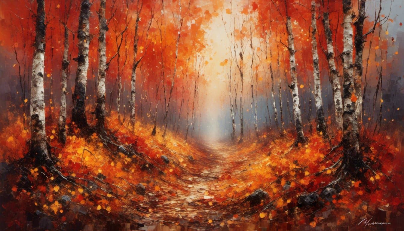 Autumn Forest Landscape Impasto Painting at Sunset