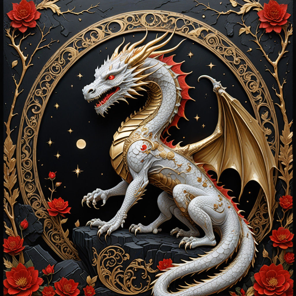 Whimsical White Dragon in Luxurious Fantasy Art