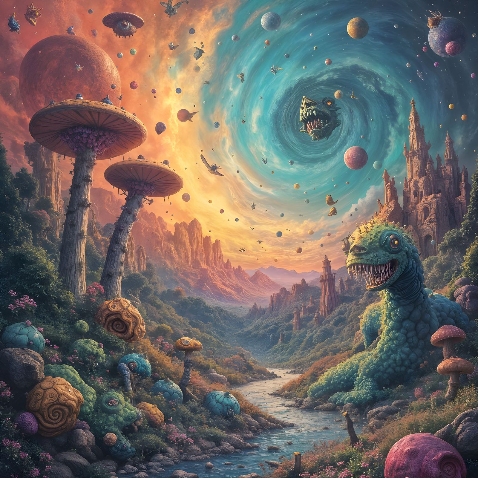 Surreal Calabi-Yau Manifold with Flying Creatures