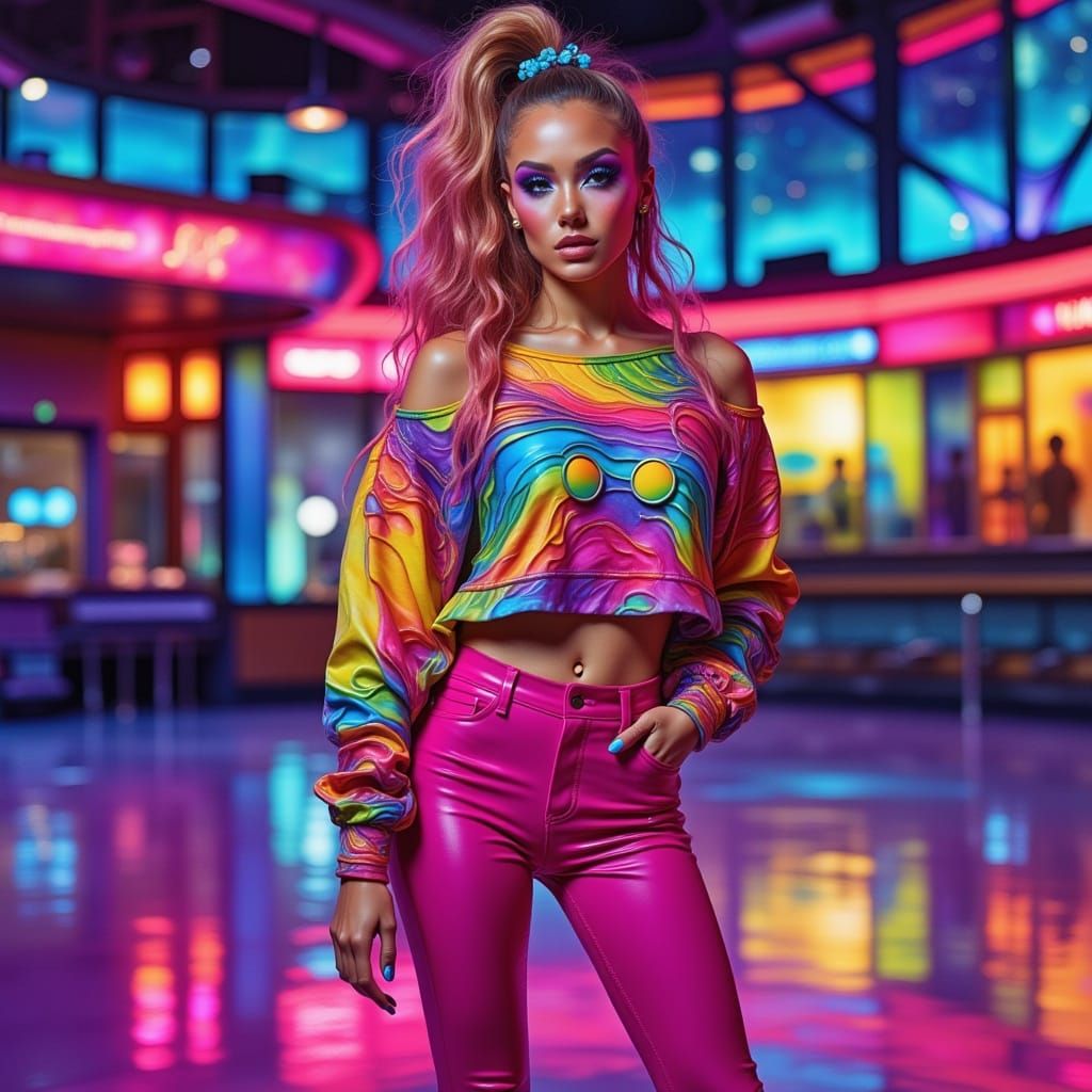 Woman on Roller Rink in Synthwave Style