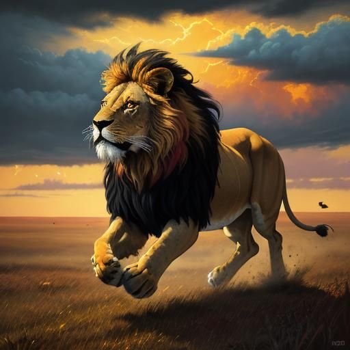 Lion Running Freely in Savannah Oil Painting