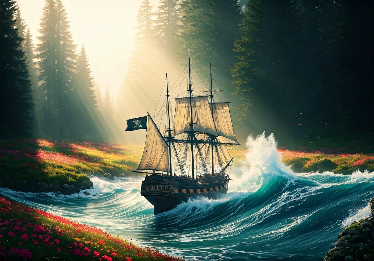 Hypermaximalist Pirate Ship in Forest Digital Painting