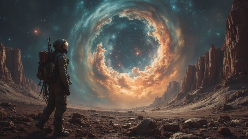 Lone Astronaut on Alien World Gazing at Nebula