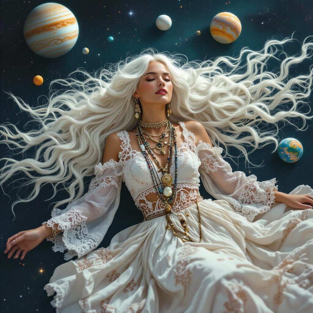 Woman in Space with Planets in Hair, Digital Art