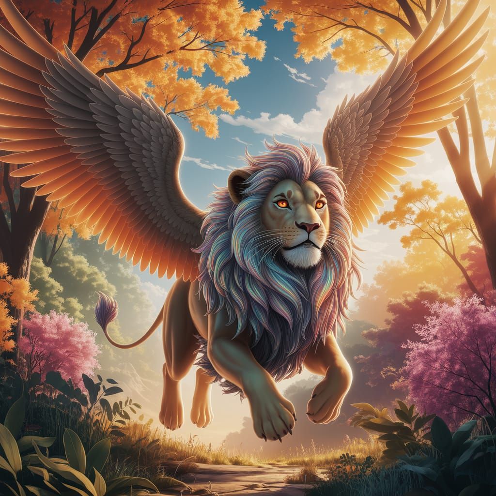 Majestic Winged Lion in Vibrant Sunlit Forest, Cyberpunk Ani...