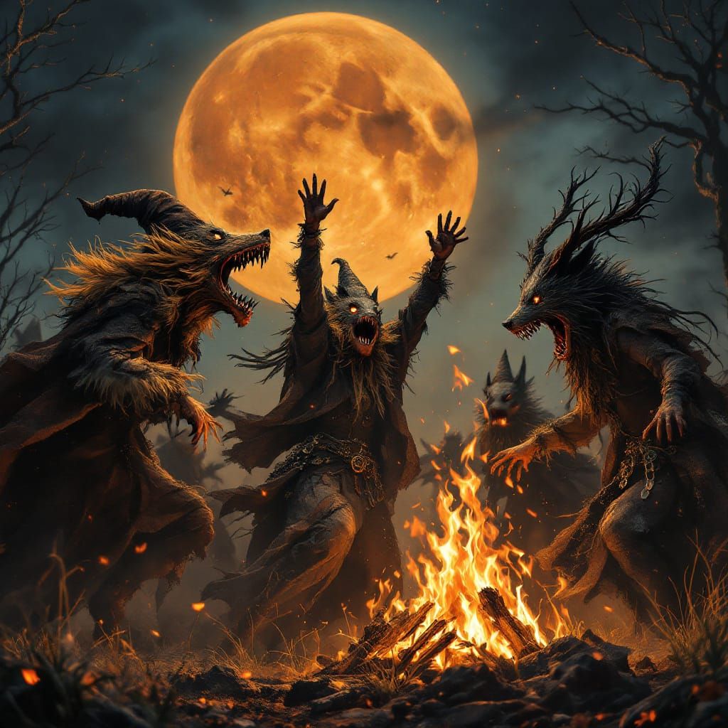 Witches Dancing Under Orange Full Moon