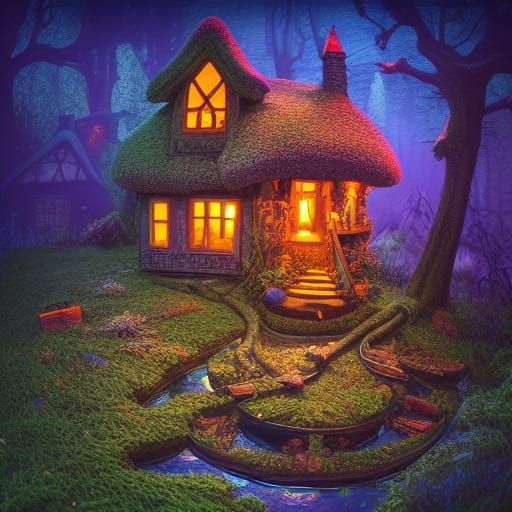 Surreal Witch House Diorama with Luminous Mushrooms
