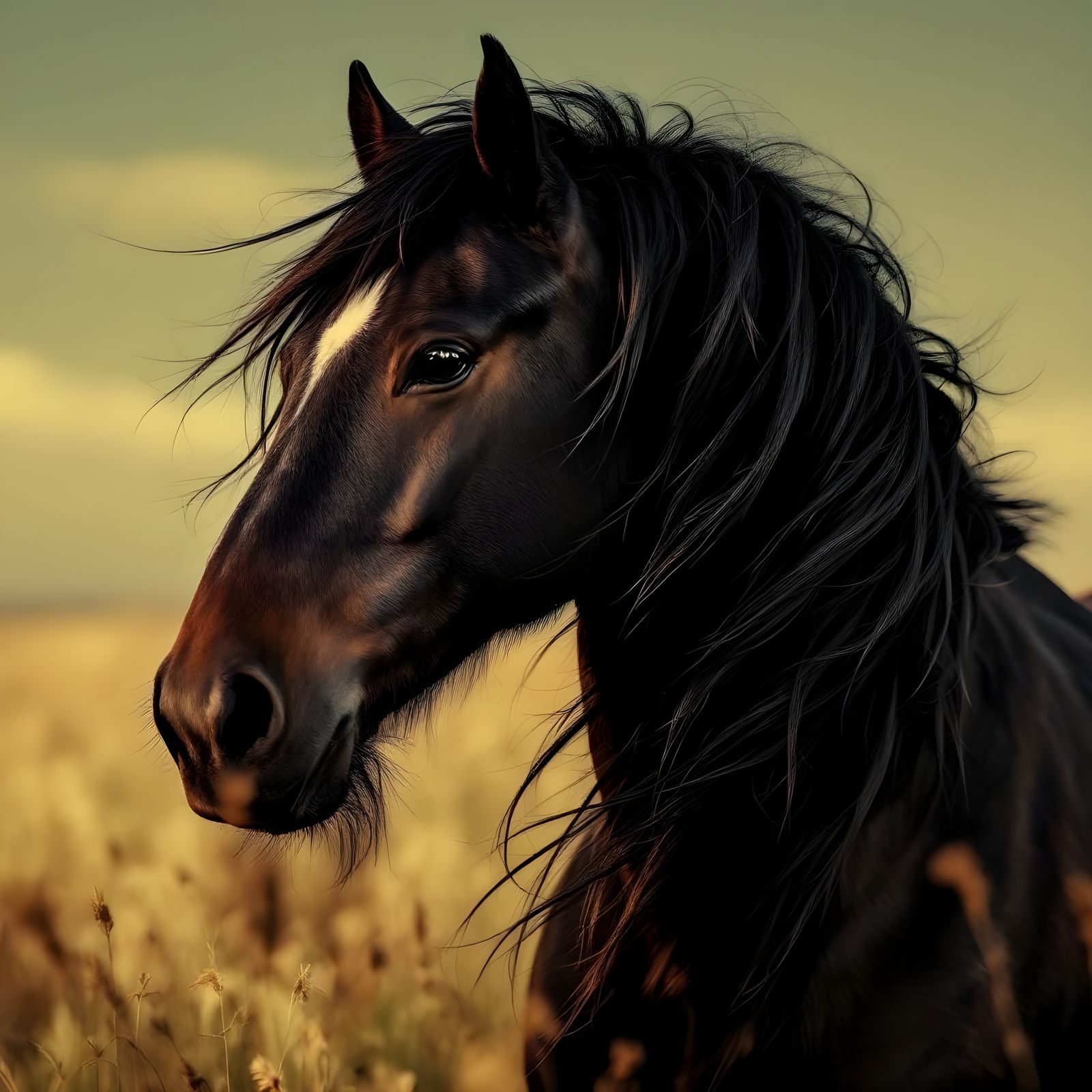 Elegant Black Friesian Stallion in Sunny Meadow