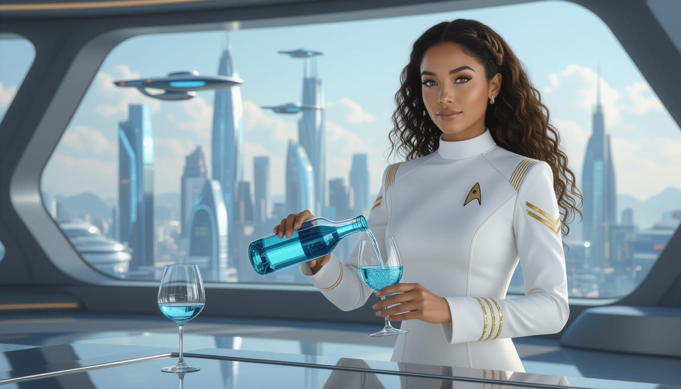 Starfleet Officer Pours Drink in Futuristic HQ