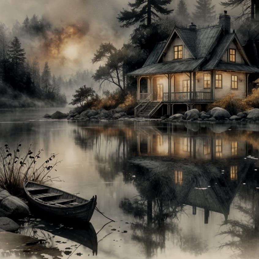 Vintage Watercolor Lakeside Cottage in Whimsical Mood