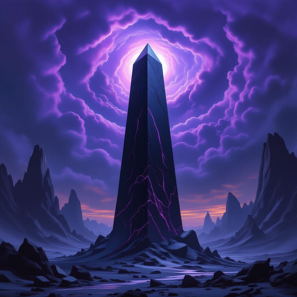 Obsidian Obelisk in Alien Landscape, Dark Fantasy Art
