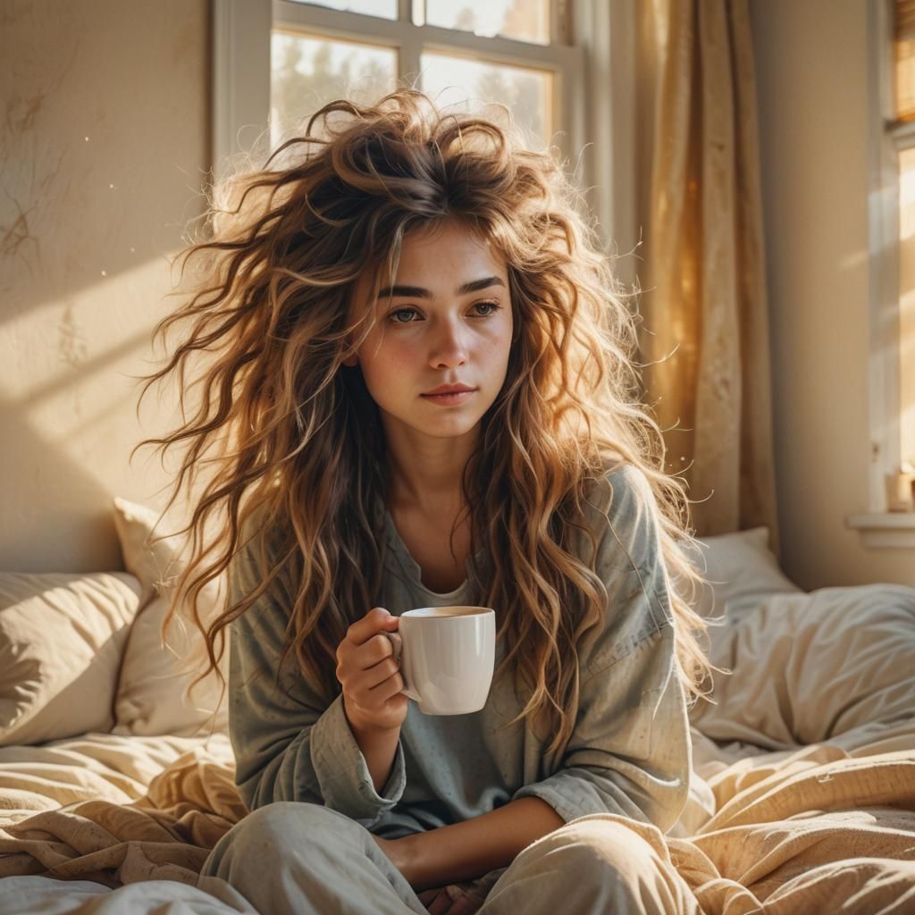 Girl Sipping Coffee in Bed: Impressionistic Watercolor