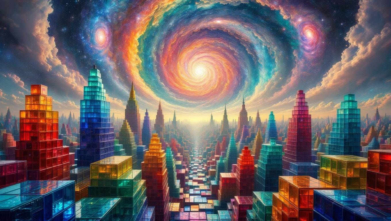 Vibrant Glass Cityscape in Surrealistic Hyperrealism