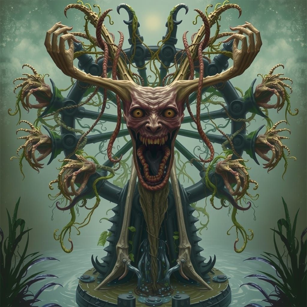 Macabre Water Wheel in Biomechanical Surrealism