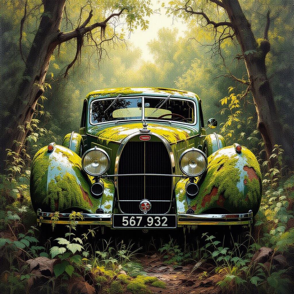 Moss-Covered Bugatti 57SC Atlantic in Overgrown Field