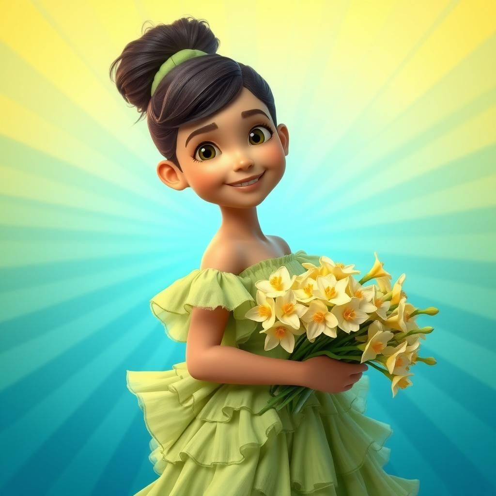 Child in Green Dress with Daffodils: Pixar-Inspired Art