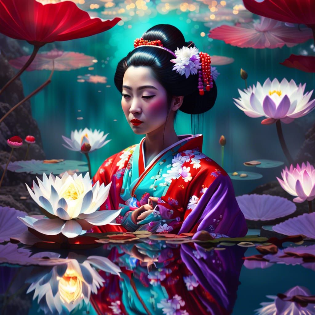 Geisha Touching Mirrored Reflection in Dreamy Digital Art