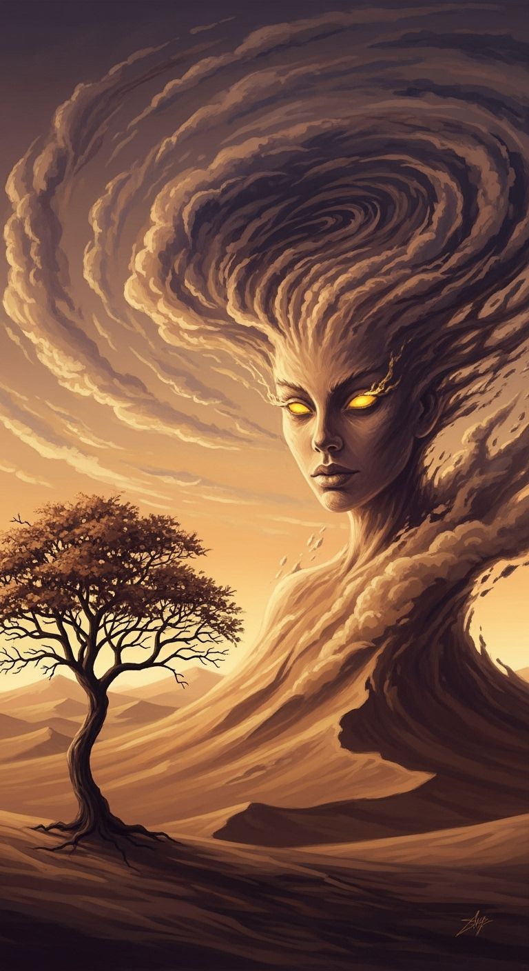 Majestic Djinn Emerges in Surreal Sandstorm